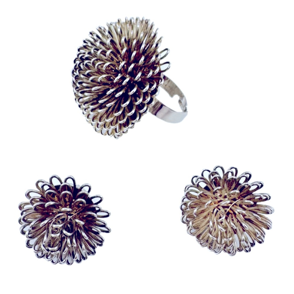 Vintage Dandelion Pom Pom Ring and Earrings